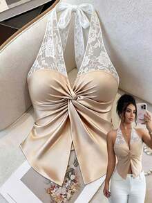SHEIN Clasi Women's Fashion Halter Neck Tie Strap Open Shoulder Lace Patchwork Twisted Chest Design Elastic Slim Fit Glossy Tank Top, Summer Elegant Sexy White - Champagne - View 5