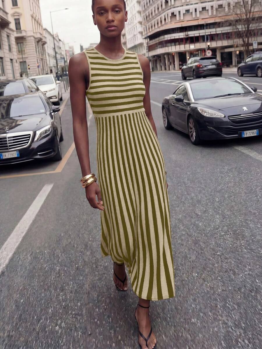Maija Women's Round Neck Olive Green Colorblock Casual French Elegant Minimalist Party Brunch Travel Knit Dress Autumn Going Out Outfits - Army Green - View 1