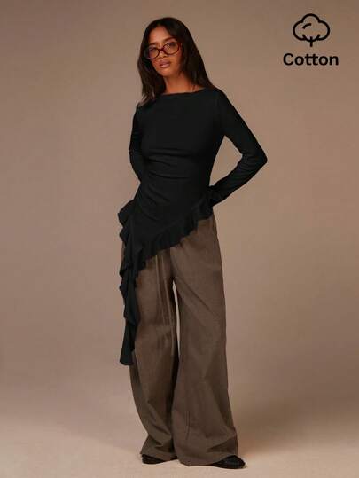 Athîral Women's Fashionable Solid Color Ruffled Asymmetrical Hem Blouse, Suitable For Everyday Wear