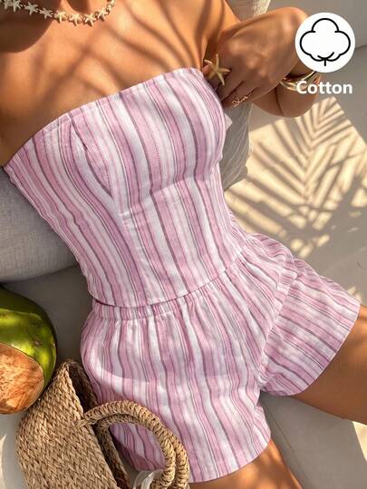 Sunnyshic Conjunto de 2 Peças Feminino Top Bandeau Ajustado sem Costas e Shorts em Algodão Listrado Rosa, Primavera Verão Outono, Vintage Elegante Casual Versátil para Férias, Trabalho, Compras, Encontros, Uso Diário