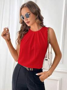 SHEIN Clasi 女款純色紋理百褶圓領時尚上衣，適合日常穿著 - 紅色 - 查看 6