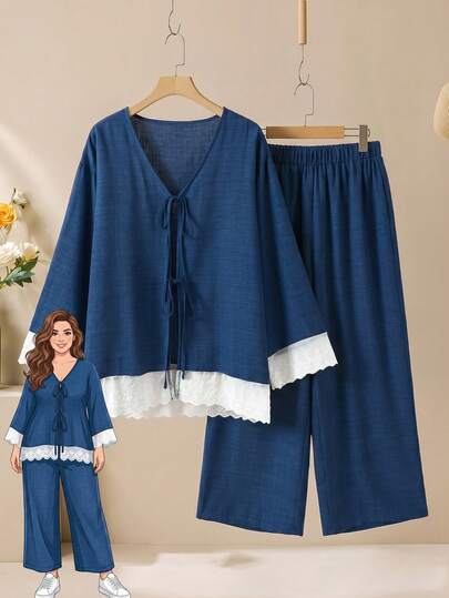 Rusticease Plus Size Colorblock Patchwork Shirt And Pants 2 Pieces Set