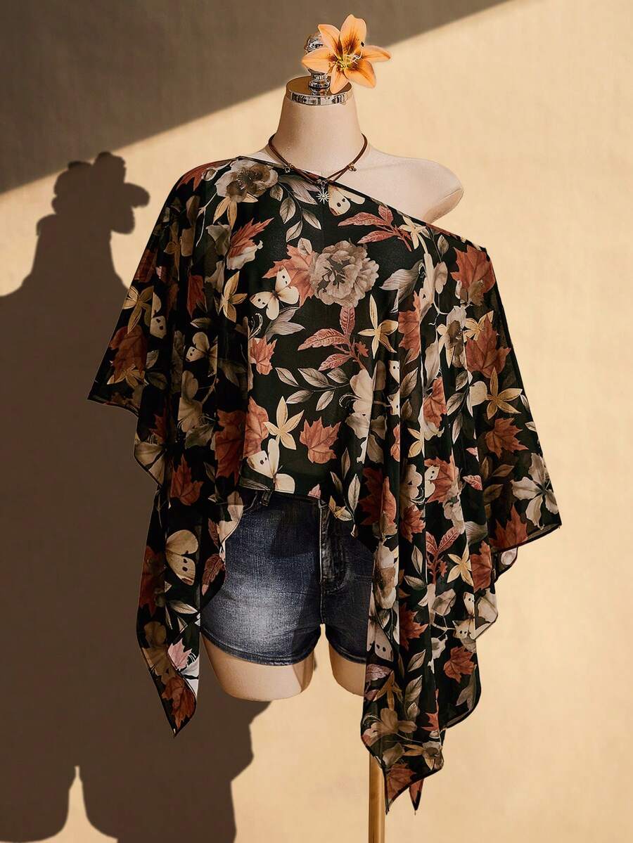 SHEIN ICON 女款大尺碼楓葉圖案不對稱單肩披肩上衣 - 彩色 - 查看 1
