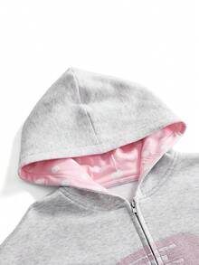 ROMWE Women's Y2K Millennium Sweet Hair Clip Pattern Print Hooded Double Zipper Sweatshirt - Light Grey - View 4