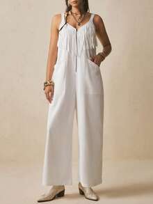 Levarali Women's Sleeveless Long Jumpsuit, Solid White With Tassels, Front Zipper, Straight Wide Leg Pants, Spring/Summer Elegant Cowboy Western Casual Boho - White - View 3