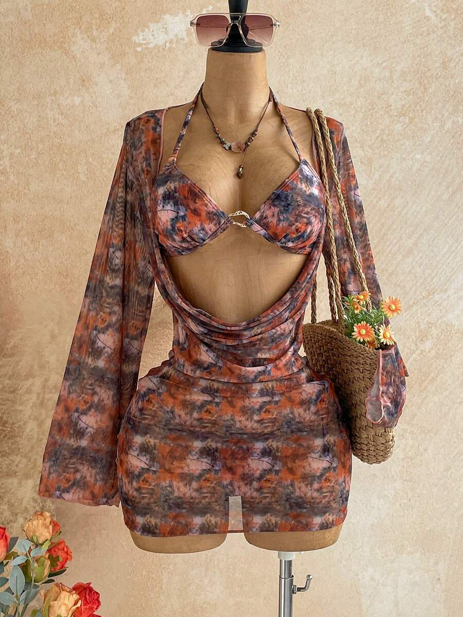 Soleia Women's 3 Pieces Sexy Tropical Bikini Swimwear With Printed Mesh Cover-Up Skirt, Bathing Suits Beach Party Vacation Brown And Turquoise Summer