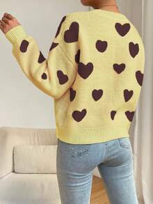 SHEIN PariChic Women's Heart Pattern Drop Shoulder Long Sleeve Loose Casual Sweater - Multicolor - View 2