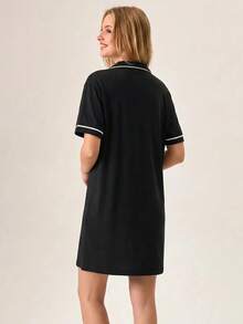 EURMUSE Women Button Front With Contrast Colour Detail Homewear Lounge Pajama Dress Cotton Sleepwear For Women Pajama Dress Sage Green Pajama Set Button Down Nightgown Sleep Shirt For Women's Nightdress Night Shirts For Women Sleep Wear Women Button Front - Black - View 2