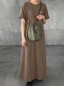 FRIFUL Women Brown Long Embroidered Graphic Print Summer Dress Sundress - Brown - View 11