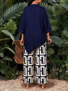 SHEIN Lady Women's Solid Color Round Neck Long Sleeve Top And Wide Leg Pants Casual Elegant Daily 2 Pieces Set Dinner Navy Blue Autumn - Multicolor - View 2