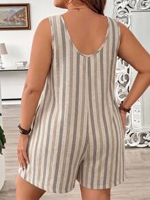 Comfylo Plus Size Women's Summer Vacation Style Striped Pattern Round Neck Casual Jumpsuit With Pockets, Suitable For Travel, Vacation, Summer And Daily Wear - Multicolor - View 3