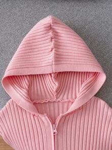 SHEIN Genkimix Kids 青少年女孩休閒百搭純色連帽開襟外套 秋季 - 粉色 - 查看 3
