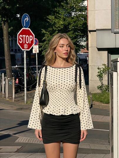 Skyraze Woman Chiffon Polka Dot Tie Shoulder Long Bell Sleeve Regular Black White Polka Dot Sweet Elegant Coquette Y2K Peplum Blouse Halloween Autumn