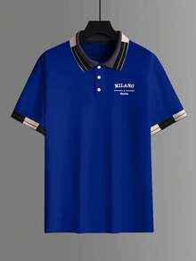 Calvornis 男士珠飾刺繡羅紋領短袖休閒 Polo 衫 - 寶藍色 - 查看 4