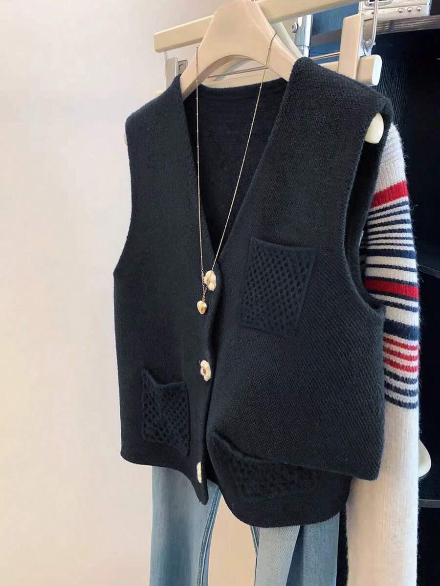 EMERY ROSE Plus Size Women's Spring/Autumn Casual Minimalist Commuter Style Hollow Pocket Handmade Button V-Neck Single-Breasted Loose Knit Vest Fall - Black - View 1