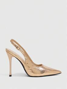 CUCCOO SZL Snake Pointed Back Empty Stiletto Shoes, Metal Buckle, Thin High Heels For Workplace Commuting - Champagne - View 2