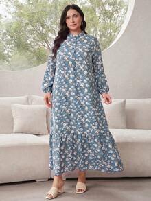 Al Najma 大尺碼女款花卉印花燈籠袖優雅洋裝 - 藍色 - 查看 5