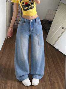 SHEIN 青少年女孩亞文化復古可愛俏皮Y2K風格特殊後口袋設計藍色水洗寬腿牛仔褲，時尚街頭風休閒百搭單品，女孩夏季度假與四季必備時尚單品 - 中等水洗藍 - 查看 5