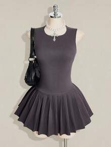 SHEIN ICON 女款夏季休閒日常通勤學院風極簡純色無袖百褶下擺迷你洋裝 - 灰色 - 查看 3