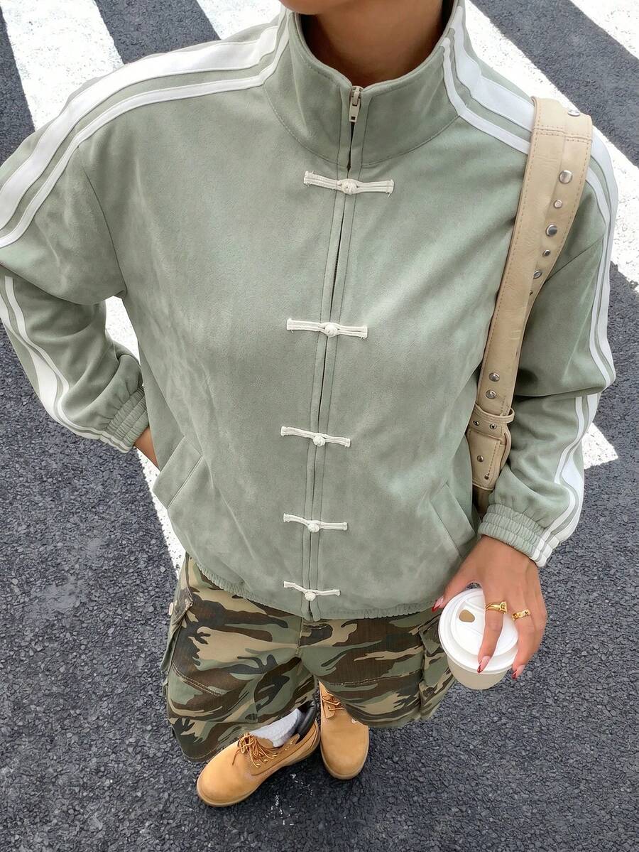 Muchica 大尺碼女款春夏拼色立領休閒日常長袖夾克 - 薄荷綠 - View 1