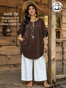 Linhara Plus Size Women's Round Neck Casual Cotton Solid Color Short Sleeve Comfortable Design Plus Size Blouse, Suitable For Daily Commute Wear, Spring/Summer - Brown - View 4