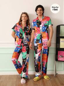 Chillnights Couples Young Cute Fun Vibrant Cat Print Lapel Front-Opening Satin Men's Loungewear Set - Multicolor - View 7