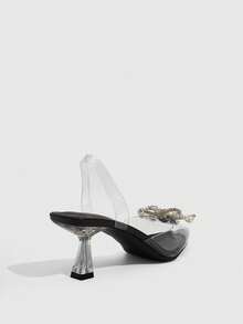 CUCCOO SZL Women Clear Slingback Pumps With Rhinestone And Pearl Embellished Bow Detail Pointed Toe High Heels - Deep coffee PU - View 3