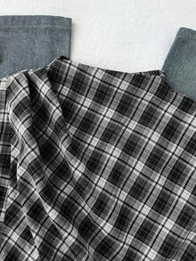 SHEIN 青少年女孩立領百褶設計上衣，優雅通勤上衣，適合工作場合，百搭時尚單品，日常穿著，聚會，棕色格紋圖案，休閒造型 - 黑與白 - 查看 7