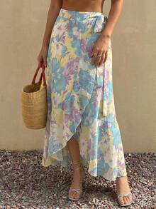 DAZY Women's Elegant Chiffon Floral Print Ruffle Hem Mid-Length Skirt, Suitable For Summer,Back To School Clothes Vacation Easter Boho - Green - View 12
