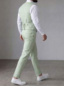 Manfinity Mode Men's Plus-Size Solid Colour Suit Waistcoat And Trouser Set For Weddings, Men's Formal Attire - Green - View 2