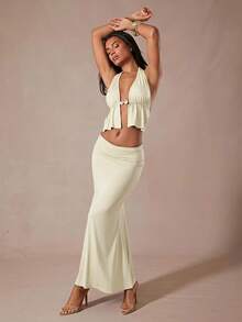 Hauture Women's Solid Color Ruched Halter Top And Skirt Casual Daily 2-Piece Set - Yellow - View 4