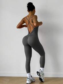 Slayform Slayform Women's Yoga Ribbed Jumpsuit Pants - Dark Grey - View 2