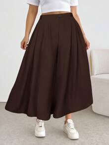 SHEIN Essnce Plus Size Women's Casual Elastic Waist Baggy Pants Chocolate Brown Textured Wide Leg Cropped Pants Formal Vacation Autumn - Brown - View 7