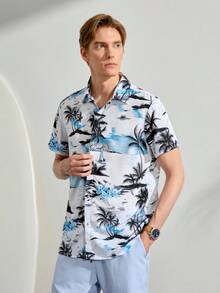 VeloEdit 男士度假棕櫚樹印花休閒短袖襯衫，熱帶海灘風 - 彩色 - 查看 5