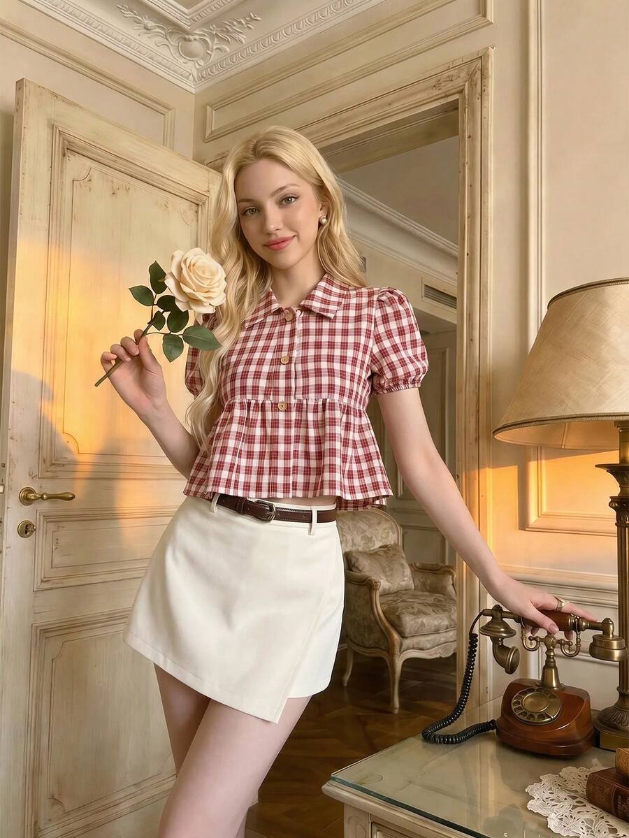 SHEIN MOD Plaid Petal Sleeve Button Front Doll Blouse Back-To-School Red And White Plaid Summer/Autumn Cottage Core French Cute Casual Preppy Work Party - Multicolor - View 1