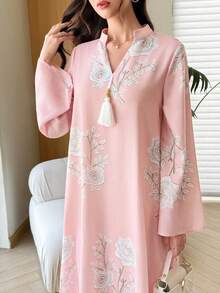 Al Najma Floral Print Decorated Tassel Women's Turkish Kaftan & Arabic Traditional Long Shirt - Pink - View 7