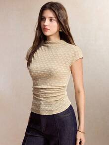 BizChic Apricot T-Shirt With Shoulder Sleeves And Diamond Pattern, Office Commute Business - Apricot - View 7