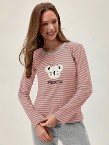 Loomlin 2pcs Cotton Contrast Colour Striped With Koala Embroidery Detail PJ Set - Multicolor - View 6