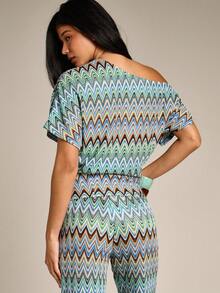 AiiRZ Women Zig Zag Knit Asymmetric Off Shoulder Short Sleeve Multicolor Zig Zag Pattern Relaxed Fit Top - Multicolor - View 3