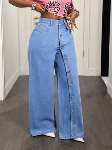 Slaydiva Celana Panjang Denim Biru Lebar Wanita Gaya Jalanan Luar Ruangan Kancing Depan Banyak Saku Modis - Medium Wash - View 5