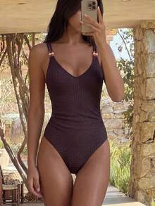 Sunnyshic New Spring/Summer Beach Vacation Casual European Tropical Sexy Elegant Women's One-Piece Swimsuit, Jacquard Fabric, Pearl Decorated Dark Green - Brown - View 5
