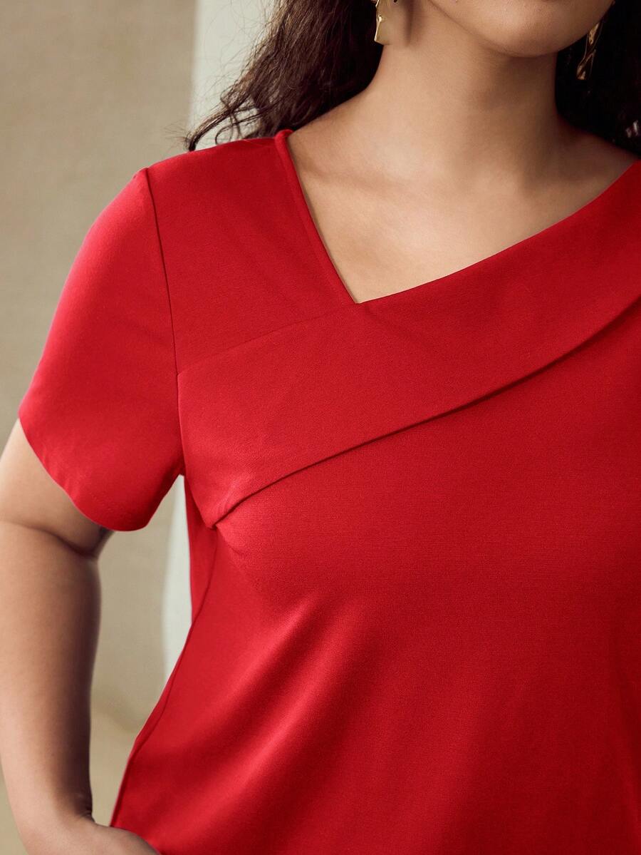 MOTF PREMIUM PLUS SIZE WOMEN'S SOLID COLOR ASYMMETRICAL NECK SHORT SLEEVE T-SHIRT, SUMMER - Red - View 2