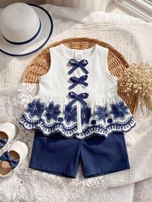 SHEIN Playful Pals 新生女嬰無袖圓領前扣蝴蝶結下擺定位刺繡鬆緊腰直筒褲套裝 夏季 - 藏蓝色 - 查看 7
