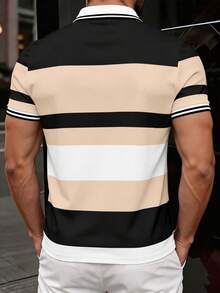Manfinity Dauomo 夏季男士標準尺寸 Polo 衫，經典多色條紋印花圖案，杏色黑色白色騎士馬印花圖案，圖案設計，通勤商務風，休閒優雅風，戶外、辦公穿著、日常穿著 - 彩色 - 查看 2