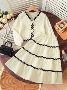 Elladie kids 2pcs Elegant French Lantern Sleeve Ruffle Butterfly Blouse Skirt Set, Fashionable Versatile For Spring Summer Autumn Winter, Vacation Party Birthday - Apricot - View 4