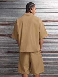 AXEPEAK Men's Letter Print Short Sleeve Cargo Pocket Shirt And Shorts Casual Set - Khaki - View 2