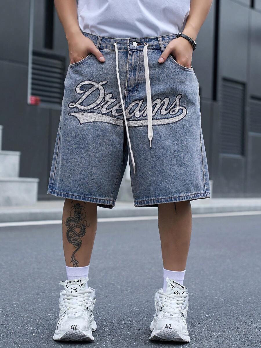 Manfinity EMRG Celana Pendek Denim Biru Bordir Kasual Streetwear Pria - Medium Wash - View 1