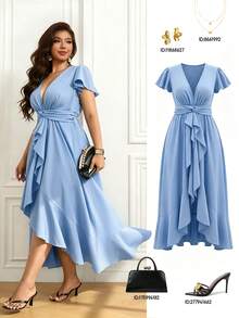 Femmeverse Vestido elegante con cuello en V y drapeado asimétrico, adecuado para fiestas y citas, talla grande para mujeres - Azul - Ver 1