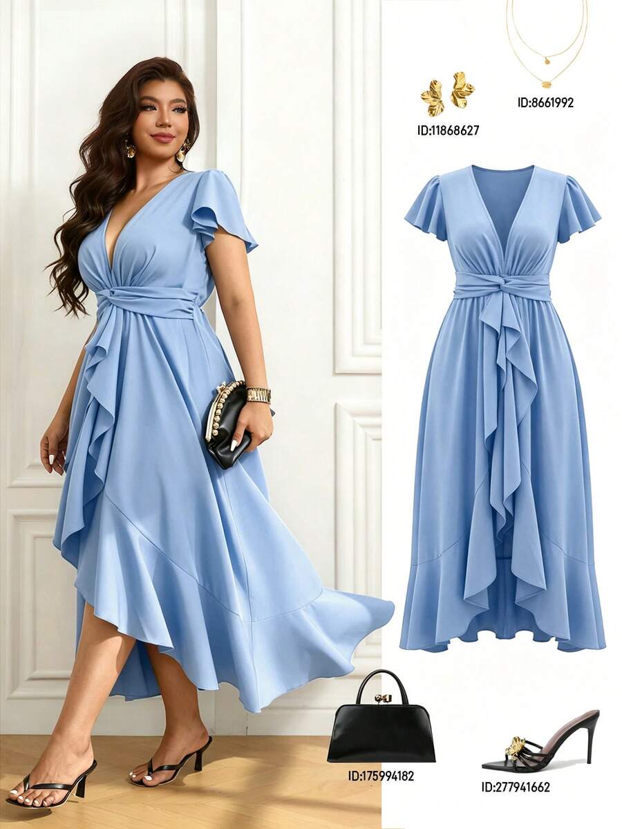 Femmeverse Vestido elegante con cuello en V y drapeado asimétrico, adecuado para fiestas y citas, talla grande para mujeres - Azul - Ver 1