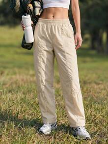 WanderVale Women's Solid Color Elastic Waist Straight Leg Outdoor Pants - Light Grey - View 3
